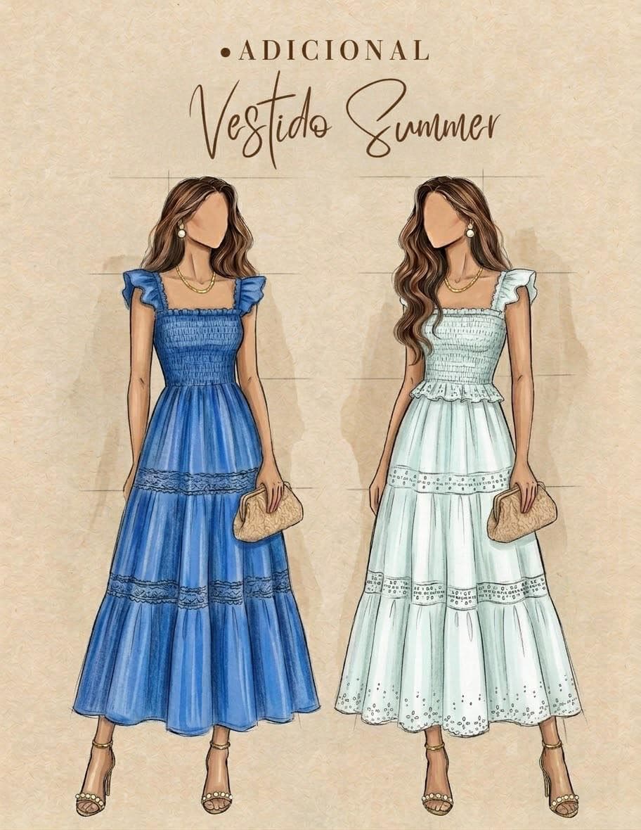 Vestido Summer com decote quadrado, lastex e saia com entremeios de renda