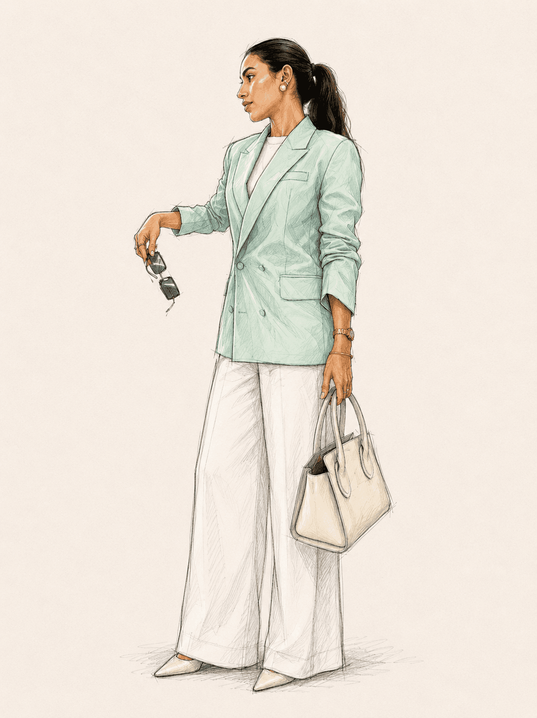 Ilustração de moda — blazer verde com calça wide leg