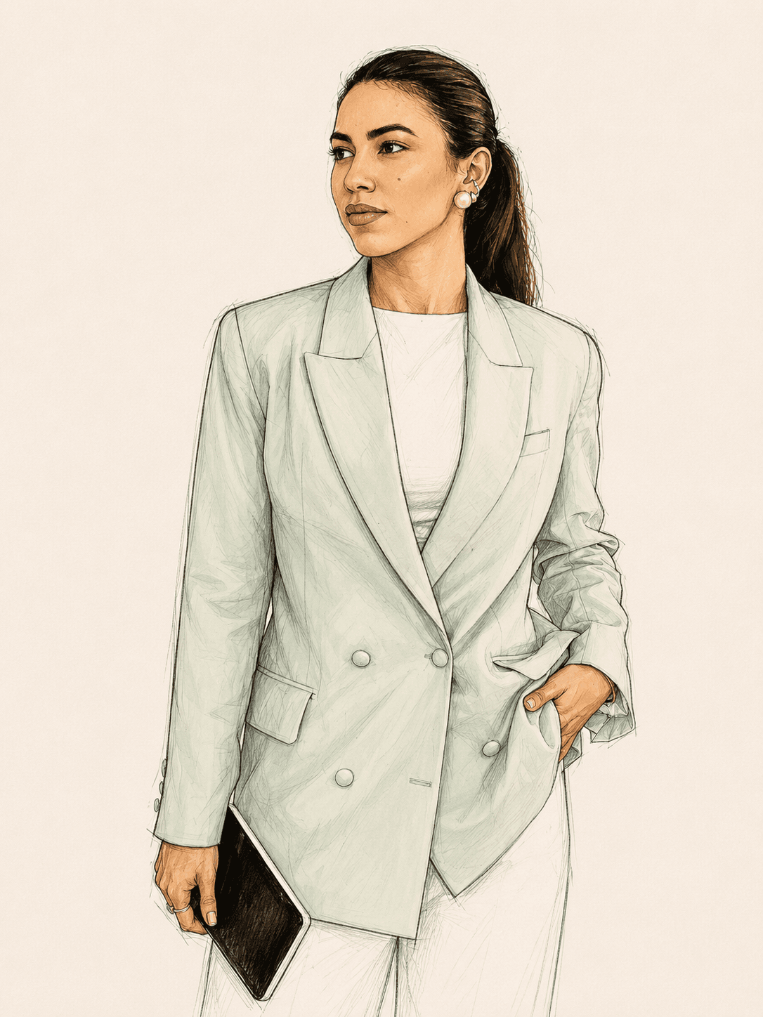 Ilustração de moda — blazer alfaiataria close-up